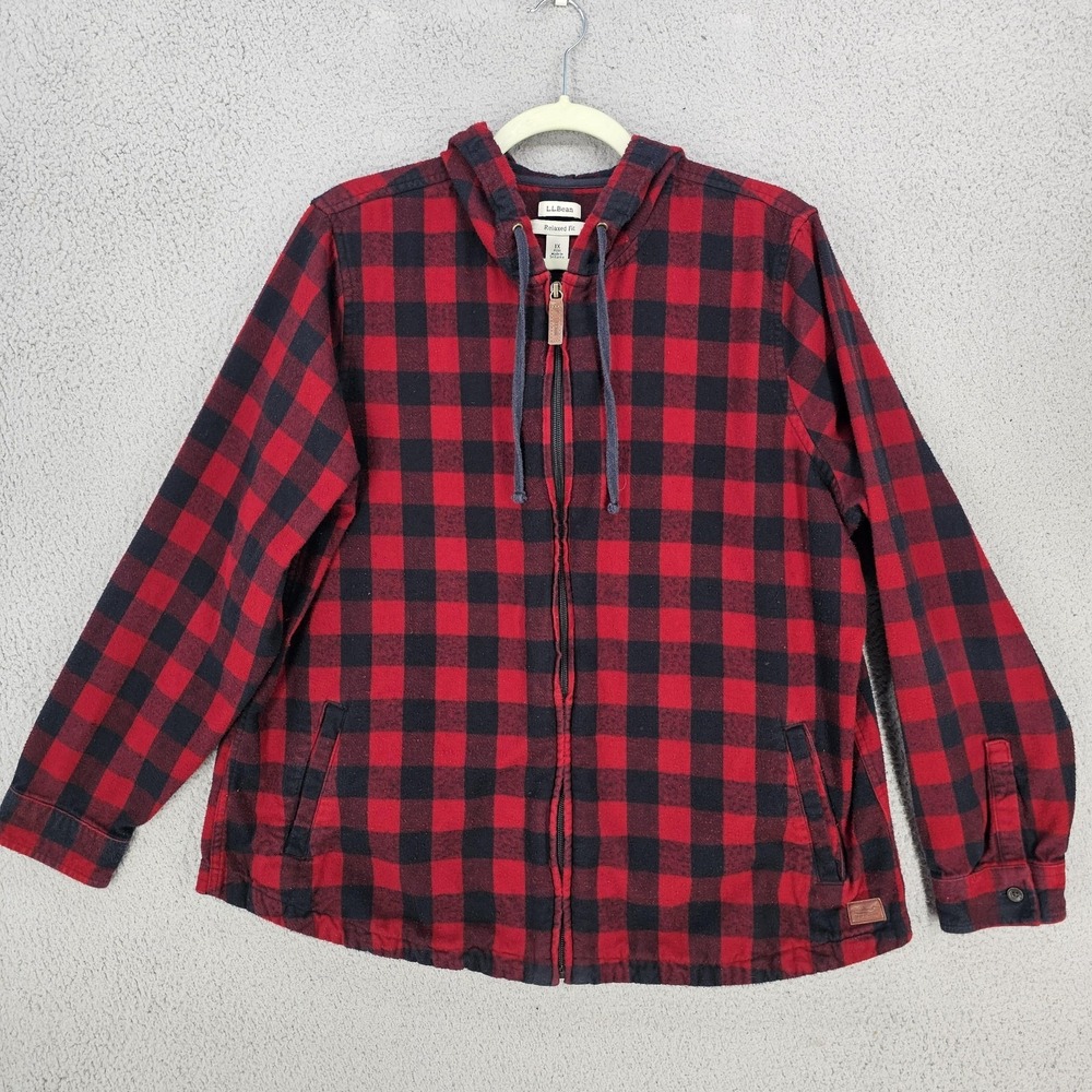 LL Bean Jacket Womens 1X Plus Red Plaid Flannel Hooded Relaxed Fit Full Zip